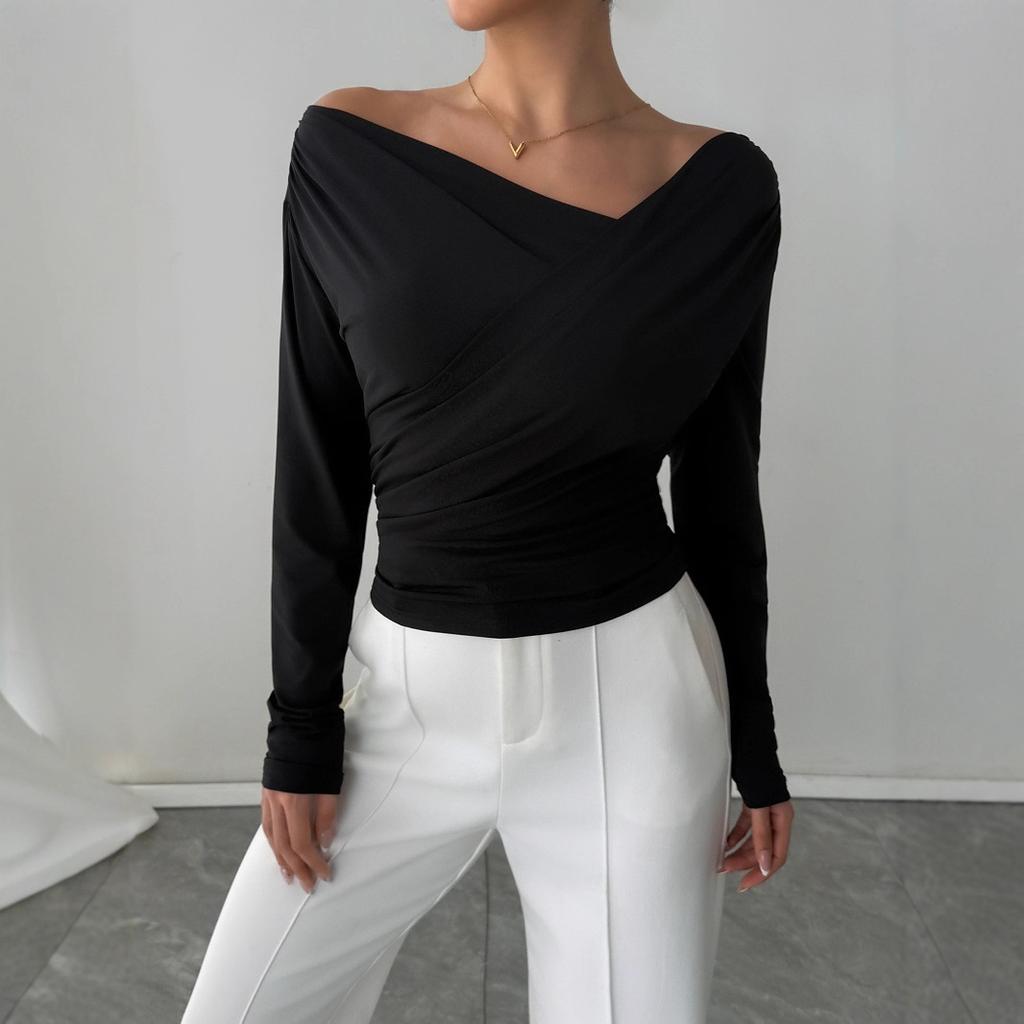 Spring Solid Off The Shoulder Off Shoulder Slim Long Sleeve Versatile Commute Top Fashion Daily Basic Office Lady Casual Slim Fit Ladies Elegant Top