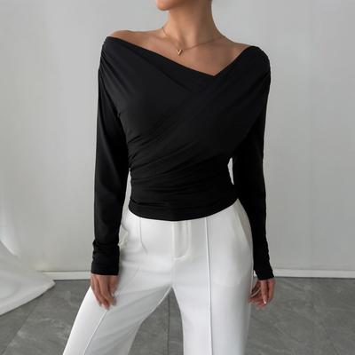 Wiosna Jednolity Odkryte Ramiona Odkryte Ramiona Dopasowany Długi Rękaw Wszechstronny Top do Pracy Moda Codzienny Podstawowy Biurowa Pani Codzienny Dopasowany Damski Elegancki Top