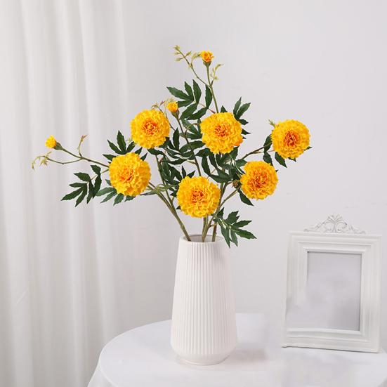 Artificial Marigold 3 Head UV Resistant Fake Silk Flower with Leaves Indoor Outdoor Garden Table Centerpiece Faux Bloom Decoration