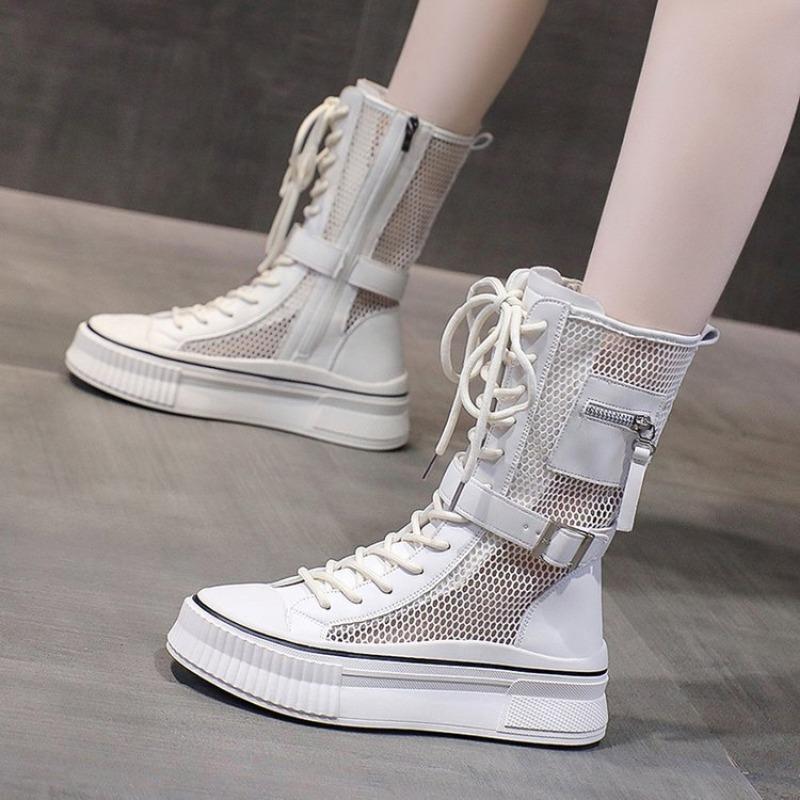 Fashion 2025 Summer Women's Boots Net Yarn Mesh Thin Section Cool Boots Mid-Calf Thick Bottom Sandals
