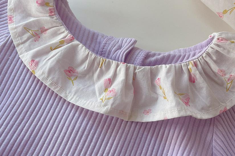 Girls' Floral Collar Short Sleeve Summer Outfit - Stylish Baby Two-Piece Set In Solid Color