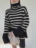 Women's Black & White Striped Turtleneck Sweater – Loose, Warm, Slit Pullover for Spring & Autumn, Trendy Inner Wear.