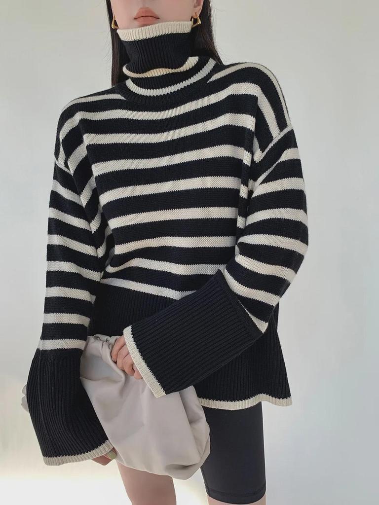 Women's Black & White Striped Turtleneck Sweater – Loose, Warm, Slit Pullover for Spring & Autumn, Trendy Inner Wear.