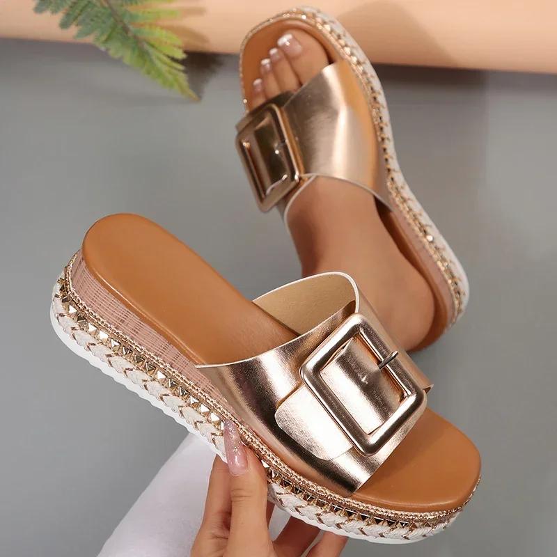 Fashion Fashion Buckle Women's Shoes Thick-Soled Slippers 2025 Summer Wedges Sandals Plus Size 36-43 Women Chic Rivets Platform Slides