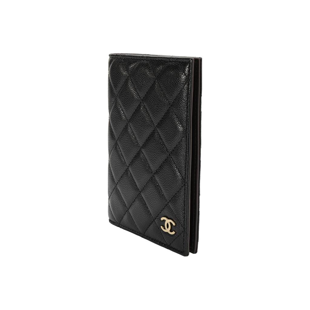 CHANEL 23B Gold Label Logo Diamonds Pattern Grainy Litchi Leather Passport Holder Card Holder Bag for Women Black
