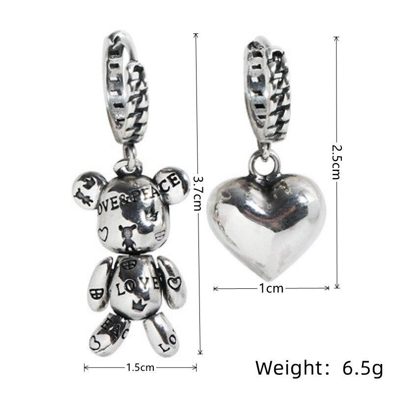 2pcs Antique Silver-plated Earrings For Both Men And Women Vintage Style Asymmetric Unique Bear Pendant Jewelry