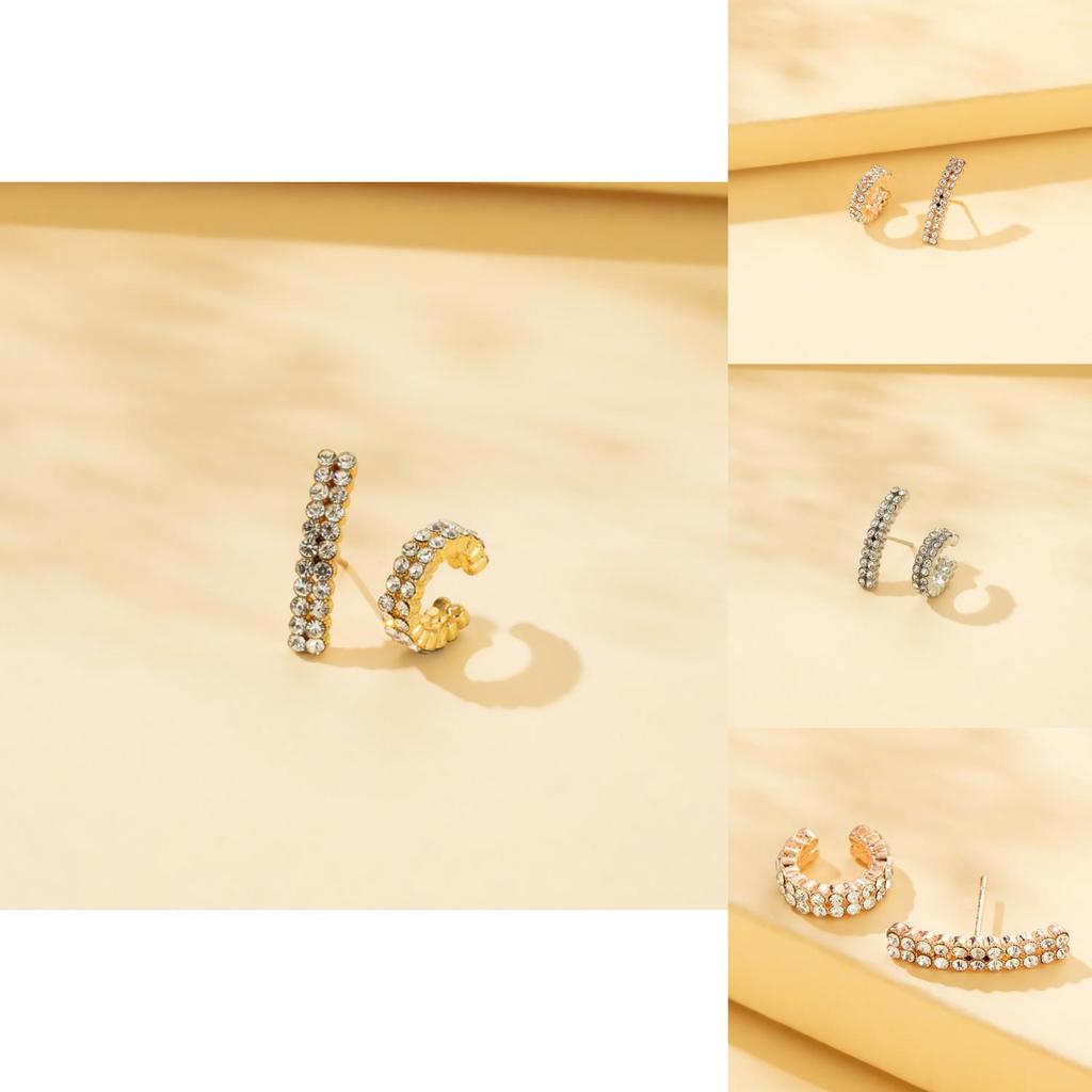 Trendy Asymmetric Double Row Rhinestone Earrings Set For Women Summer 2022