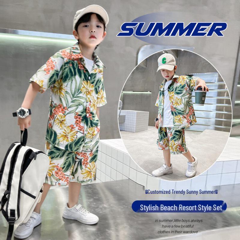 Boys' Hawaiian Floral Shirt & Shorts Set - Stylish Summer Beachwear for Kids