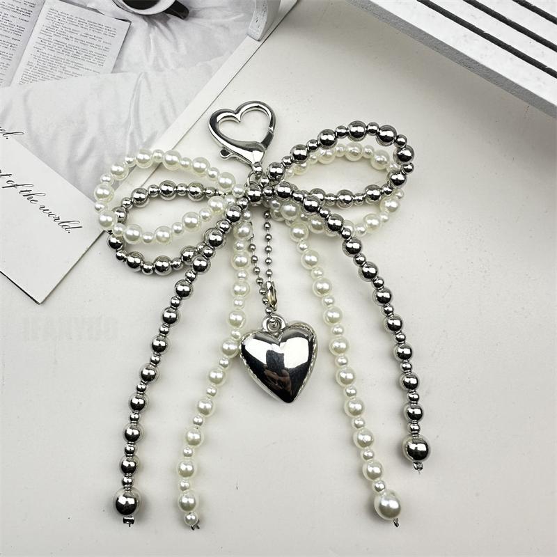 Double-layer Sweet Lovely Beaded Bowknot Heart Keychain Pendant Hanging Decor Keyring Lanyard Phone Charm Bag Pendant Supplies