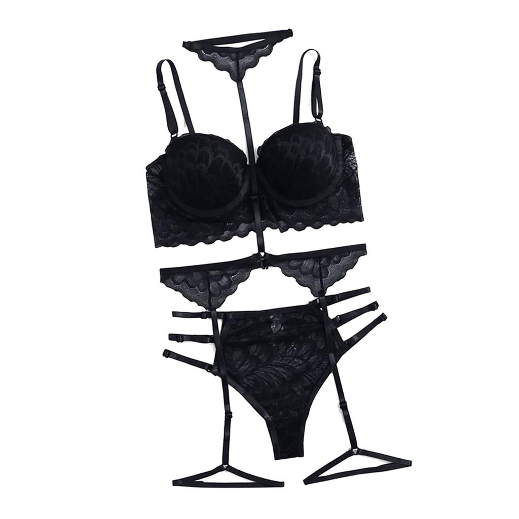 Women Lingerie Set Fashionable Elegant Lace Bra Panty Garter Belt Set Sleepwear for Wedding Night Black L