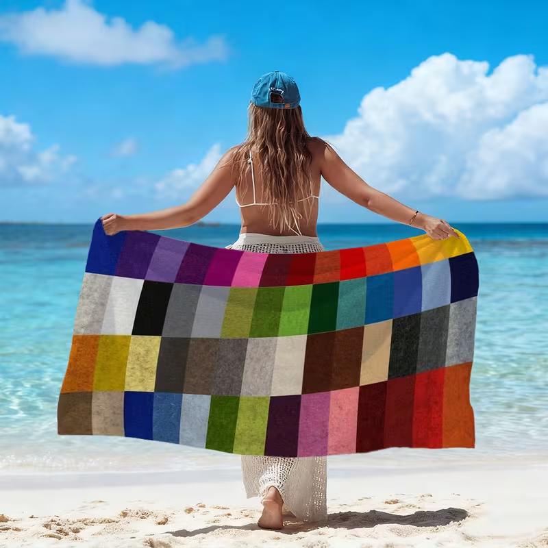 Geometric Checkerboard Patchwork Print Beach Towel Colorful Block Plaid Pattern Quick Dry Soft Sand Free Towel for Summer