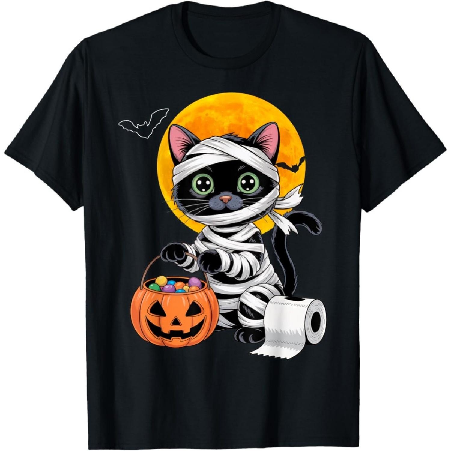 Cute Black Cat Mummy Halloween Costume for Men Women Kids T-Shirt S