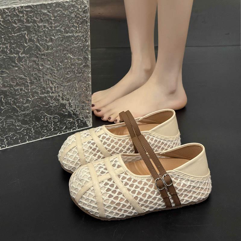 

2025 лето новые сетчатые дышащие туфли Мэри Джейн женские с мелким вырезом на плоской подошве с внутренней высотой, удобная повседневная обувь 40 бежевый