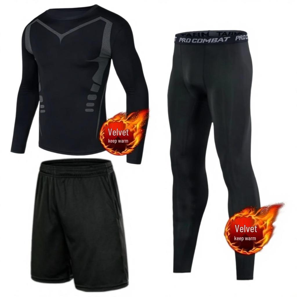 Men's Quick-Dry Fleece-Lined Sports Set - Breathable Long Sleeve Fitness Wear and Running Tights.