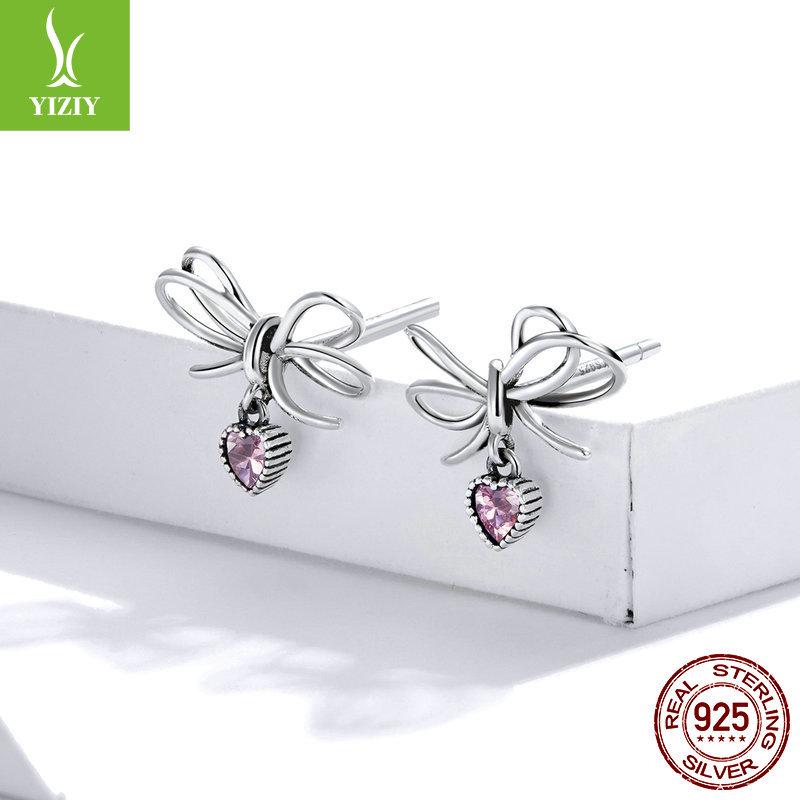 Yinziyun Sterling Silver Bow & Heart Earrings - S925 Christmas Jewelry for Women (SCE962)