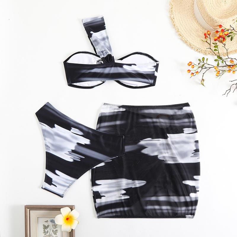 New Sexy Dyed Print One Shoulder Women's Swimsuit Three Piece Bikini Set Single Shoulder Backless Beachwear