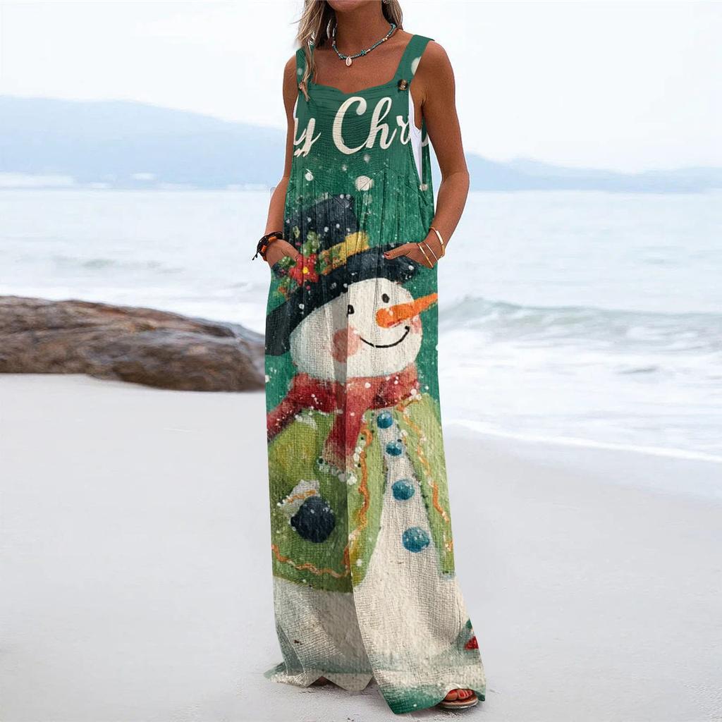 Women's Christmas Print Solid Wide Leg Strapless Tank Pocket Casual Onesie