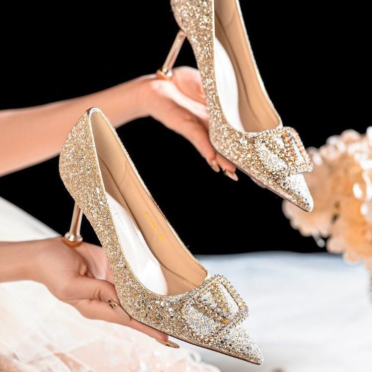 Red Beautiful Wedding Shoes Chinese Xiuhe Bridal High Heels Engagement Stiletto Pointed Single Shoes Sequin Stiletto High Heels