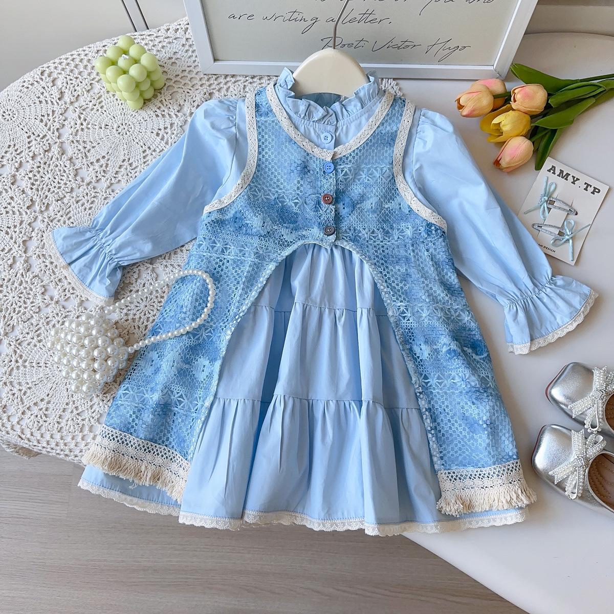 Girls Spring Autumn Long Sleeve Shirt Dress With Lace Trim Cardigan Two Piece Set 90cm