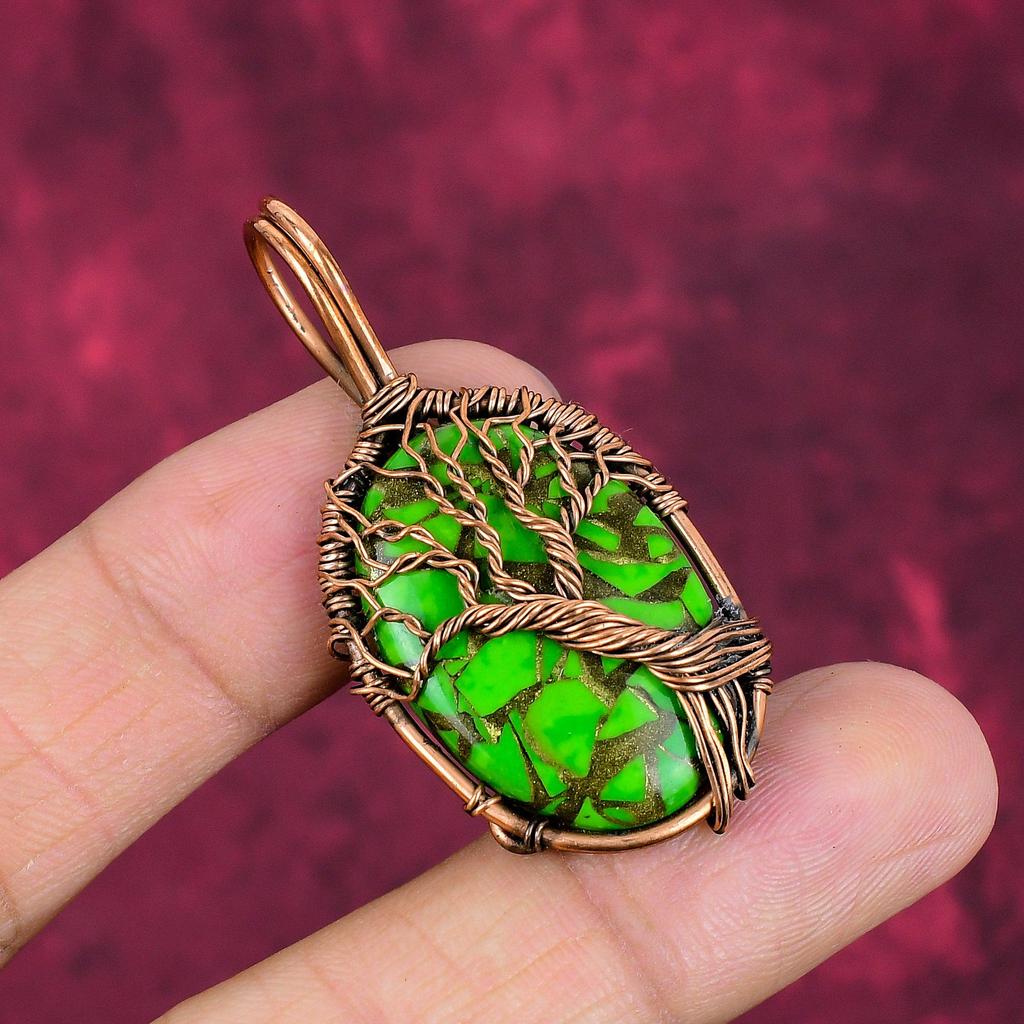 Tree Of Life Copper Green Turquoise Pendant Copper Wire Wrapped Gemstone Jewelry