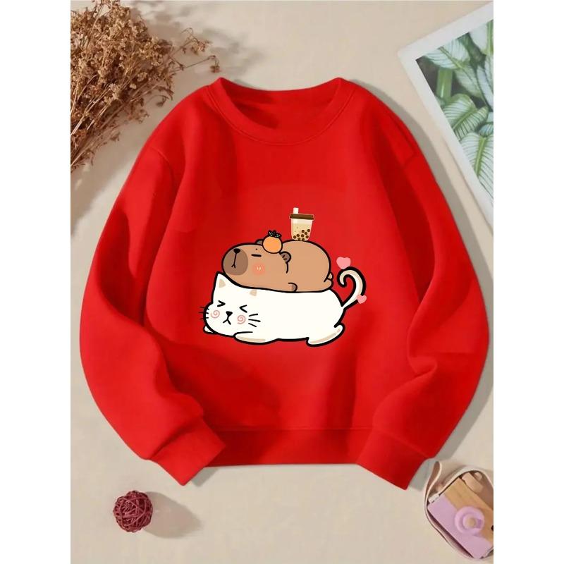 European Sizes Crewneck Sweatshirt for Kids Featuring an Adorable Cat And Bear with a Tea Machine. Perfect for Sports And Casual Outings
