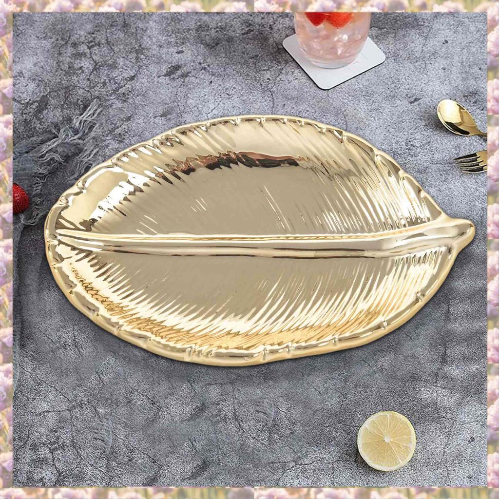 Decorative Gold Leaf Plate Dish Porcelain Candy Trinket Dish Jewelry Fruit Serving Tray Storage Plate Crockery Tableware