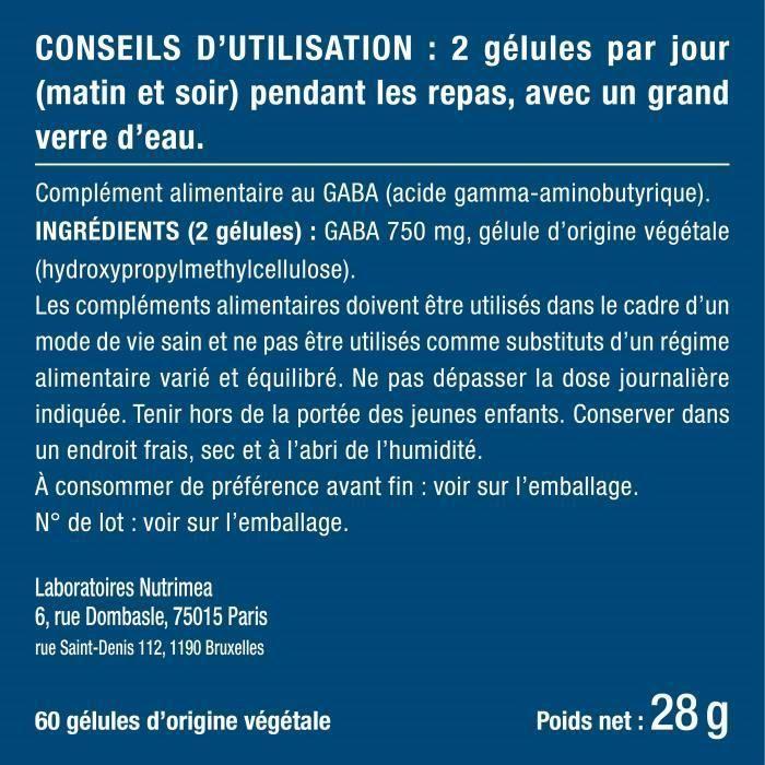 Gaba 750 mg/j - calme - favorise le sommeil - complément alimentaire - 60 gélules végétales- fabrication française - nutrimea
