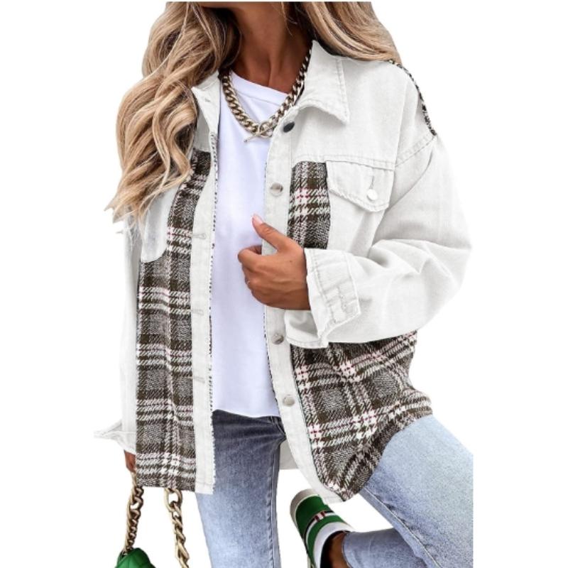 Women's Jacket Denim Jacket Long Sleeve Plaid Button Down Shirt Jacket Top