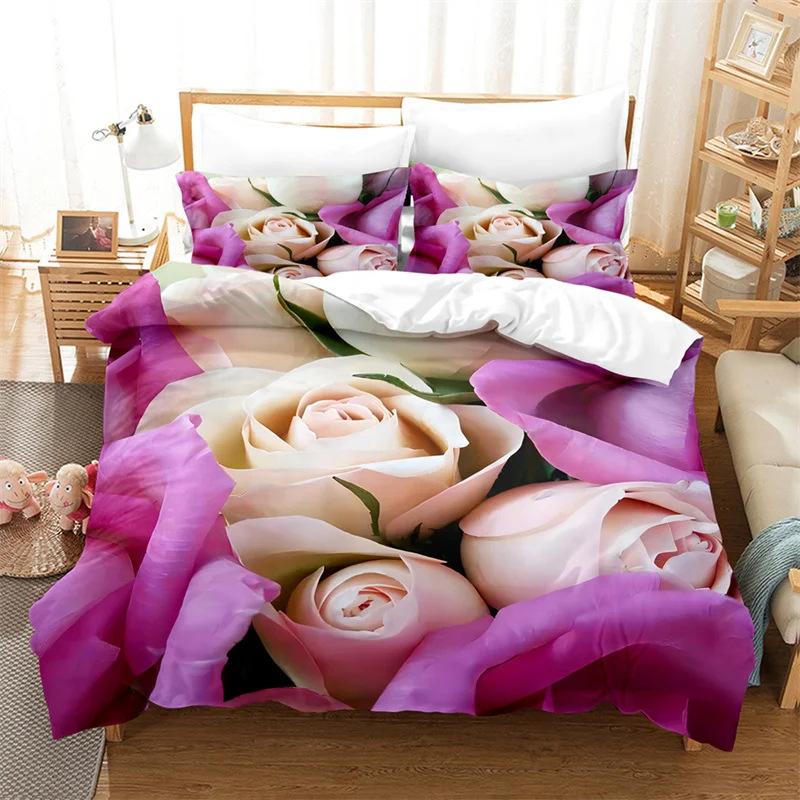 Deluxe Rose Queen Bedding Set Beautiful Flower Duvet Set Romantic Flower Three-Piece Set