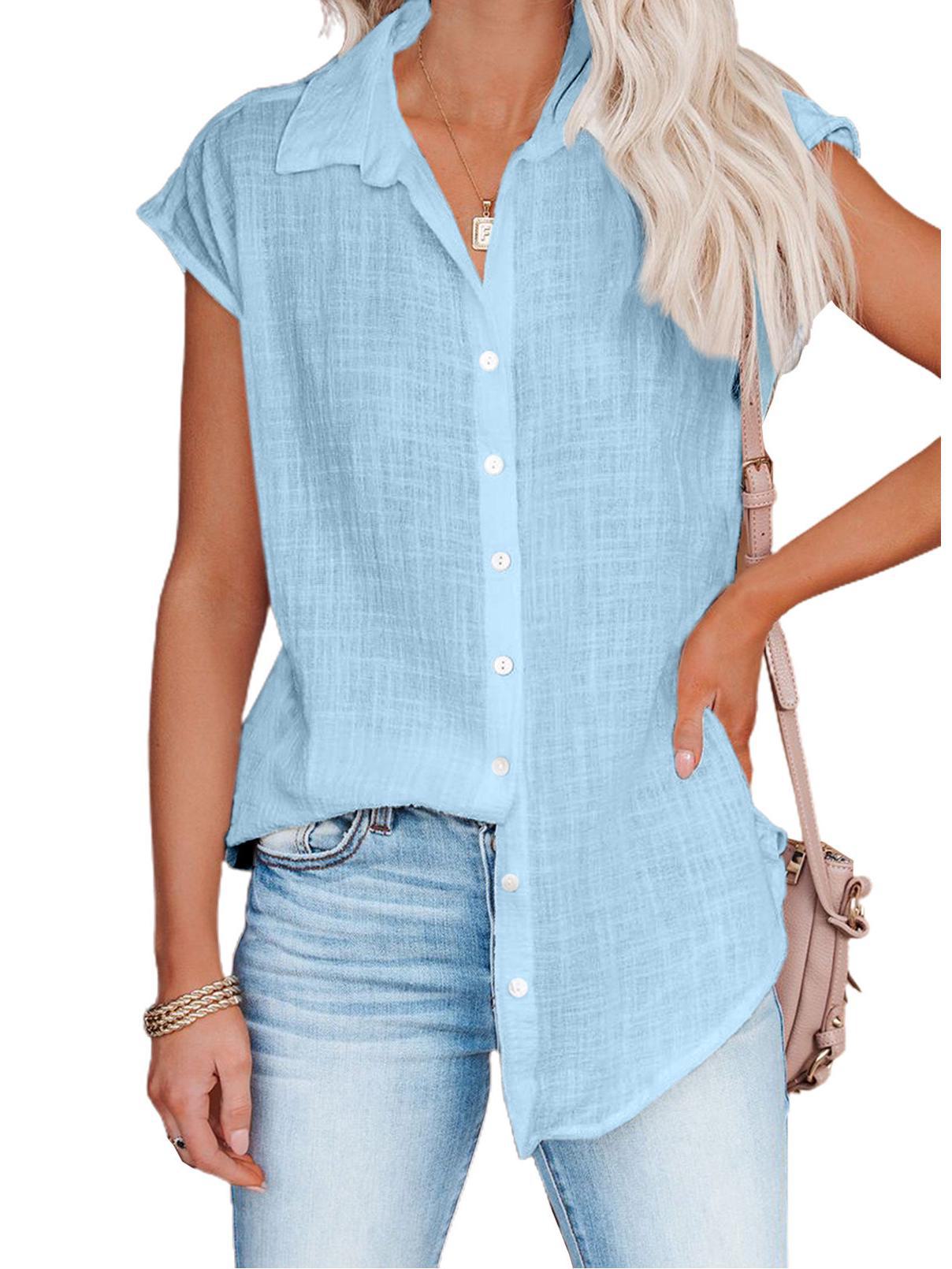 

Женский свободный топ без рукавов на лето - рубашка с лацканами в европейском и американском стиле в однотонных тонах XL синий