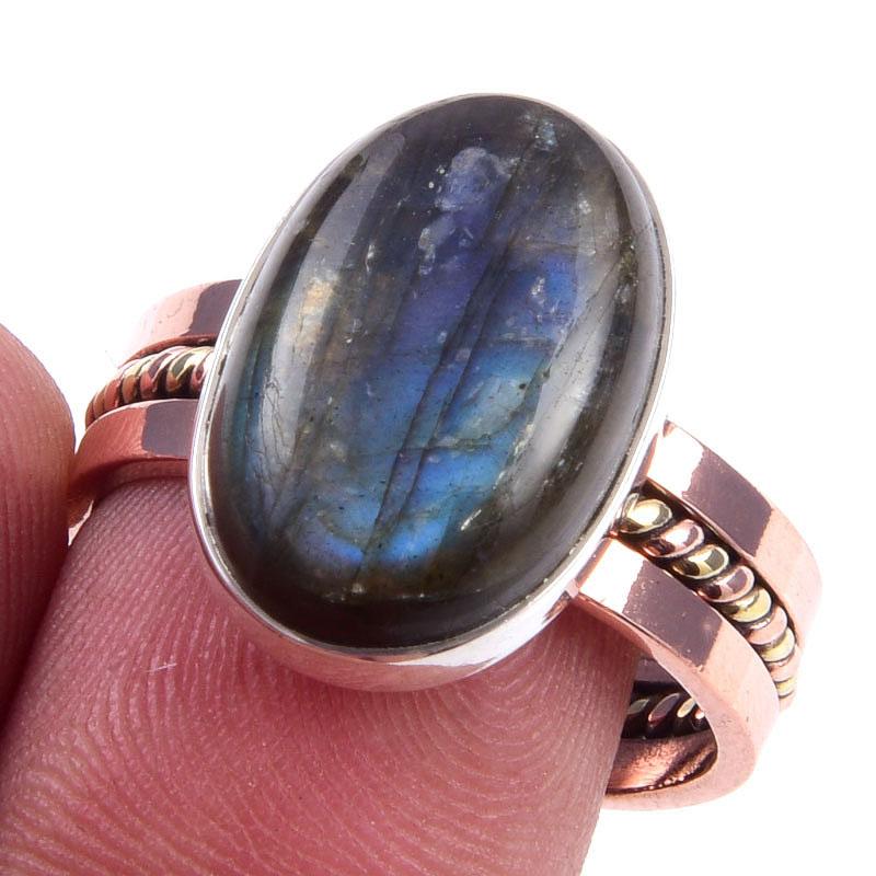 

Natural Labradorite Gemstone Handmade 925 Sterling Silver Two Tone Ring S.9 O0A45