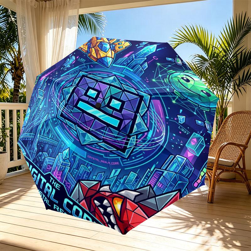 Geometry Dash Print Automatisk Åben Lukke Paraply, Bærbar Foldbar Paraply, til Udendørs Pendling Campingtur, Ideel Fødselsdagsgave