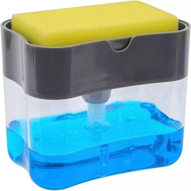 Plastic 2-in-1 Sponge Box With Soap Dispenser Double Layer Kitchen soap dispenser sponge Scrubber Holder Case  WJ608 серый