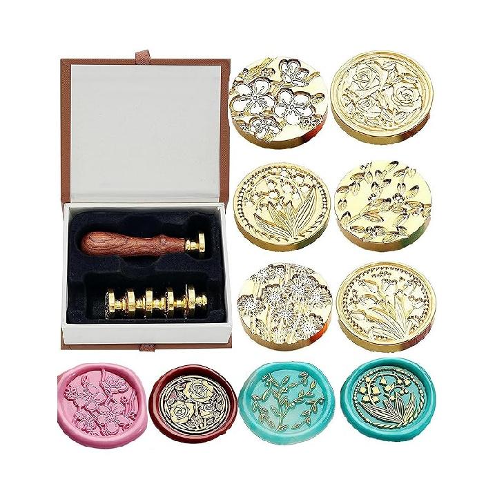 JUPPE 6pcs Flower Wax Seal Set, Cherry Blossom Rose Bell Orchid Branches Tulip Various Flowers Sealing Wax Stamps for Wedding Invitation Birthday