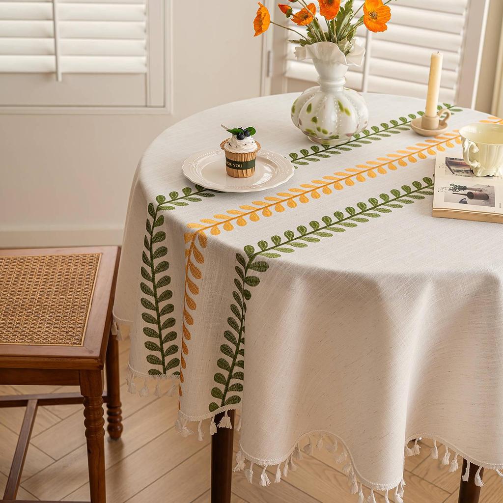 Waterproof Cotton Linen Embroidered Tablecloth for Dining or Coffee Table