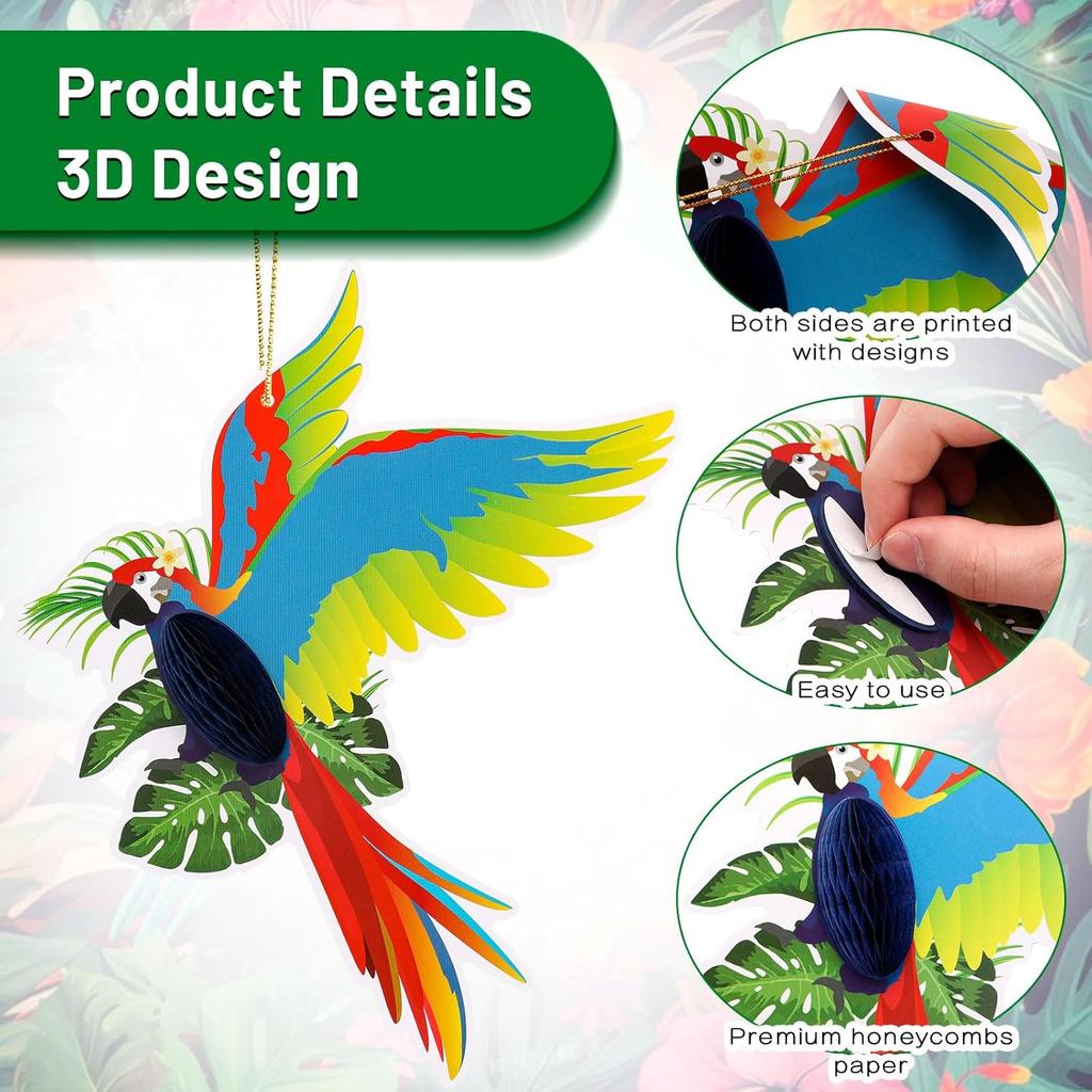 6 Pcs Tropical Birds Honeycombs, Parrot Honeycomb Decorations, Parrot Paper Cutouts Hanging Decorations for Summer, Jungle, Rainforest Party Supplies