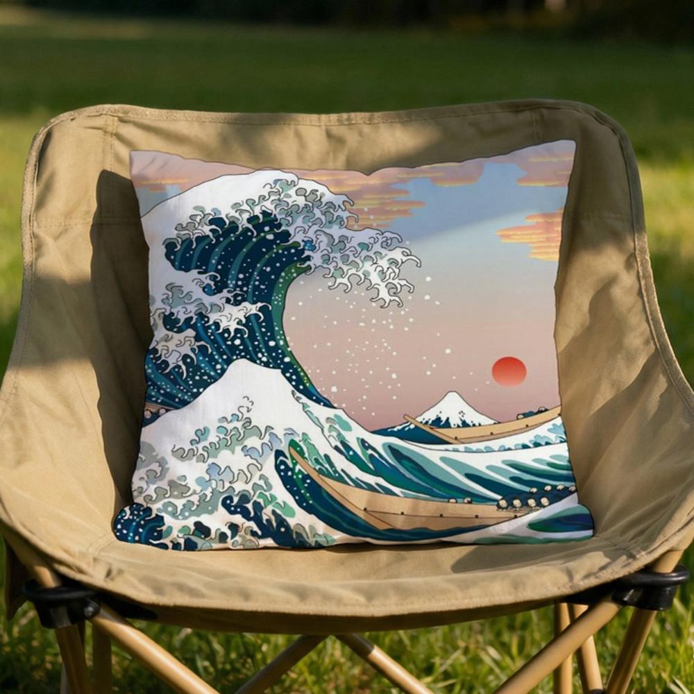 Japanese Waves Cushion Cover Soft Reversible  Durable Pillow Cover  MultiScene Use for Home  Car Daily Comfort