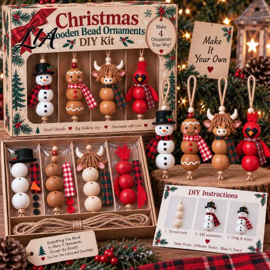 Wooden Bead Craft Kit Christmas Ornament DIY Kit, Make 4 Beaded Pendants, Wood Kits for Holidays Handmade Holiday Hanging Decorations Tree Mantel