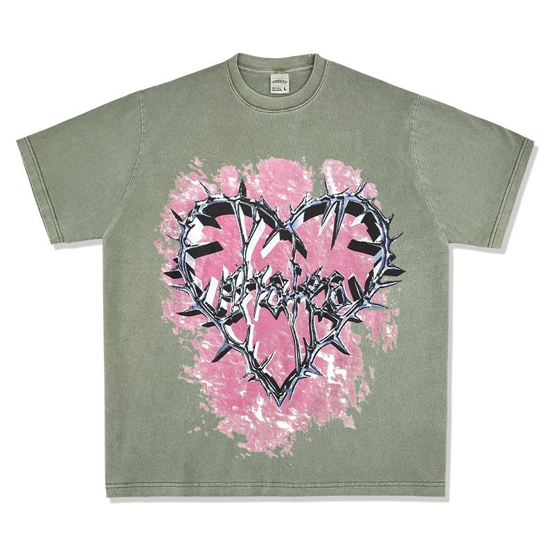Washed Retro High Street Thorns Small Heavy Vintage Printed Short-Sleeved T-Shirt Retro Neckline Love Bottoming Shirt Cotton