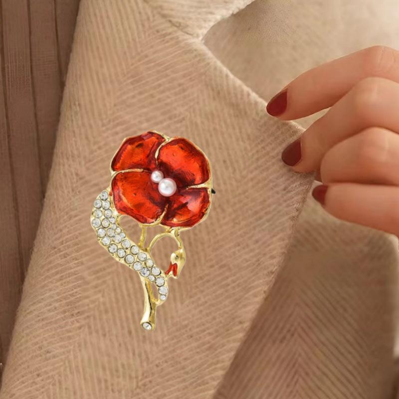 Elegant Rhinestone Poppy Flower Brooch - Inspired by British Royal Style
