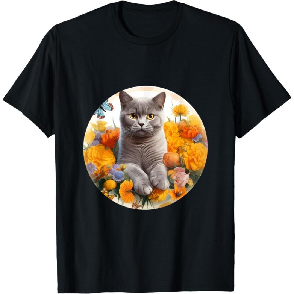 

British Shorthair Cat Flower T-Shirt for Men Women Kids S