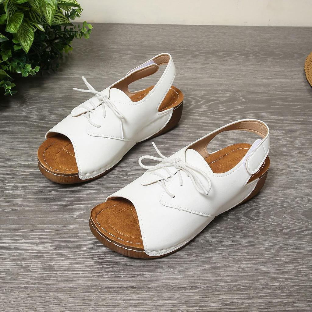 Women's Plus Size Color Block Wedge Sandals with Thick Sole and Velcro Lace-up.