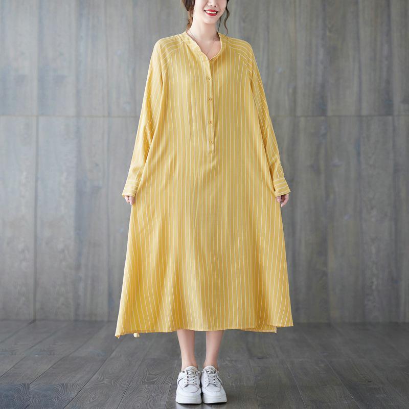 Frühling/Sommer 2023 Damen Übergröße Gestreiftes Lässiges Langes Kleid - Literarischer Stil, Lockere Passform, Schlankmachender Effekt