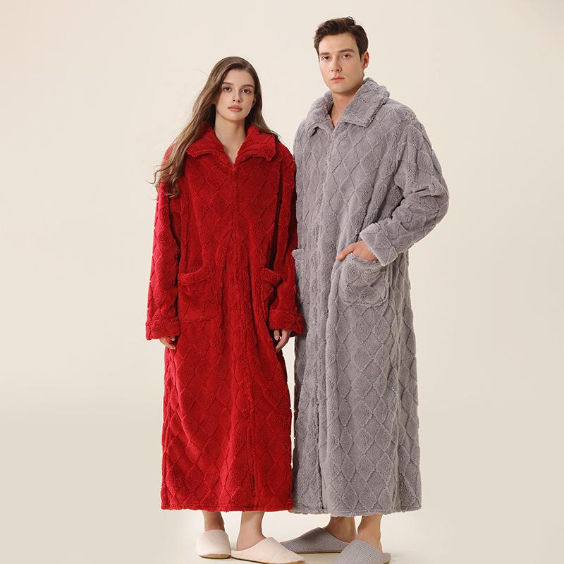 Men's Plush Bathrobe Zipper Up Long Housecoat Winter Warm SPA Fleece Duster Robe with Pocket Flannel Full Length Loose Fit Nightgown Sleepwear for Men