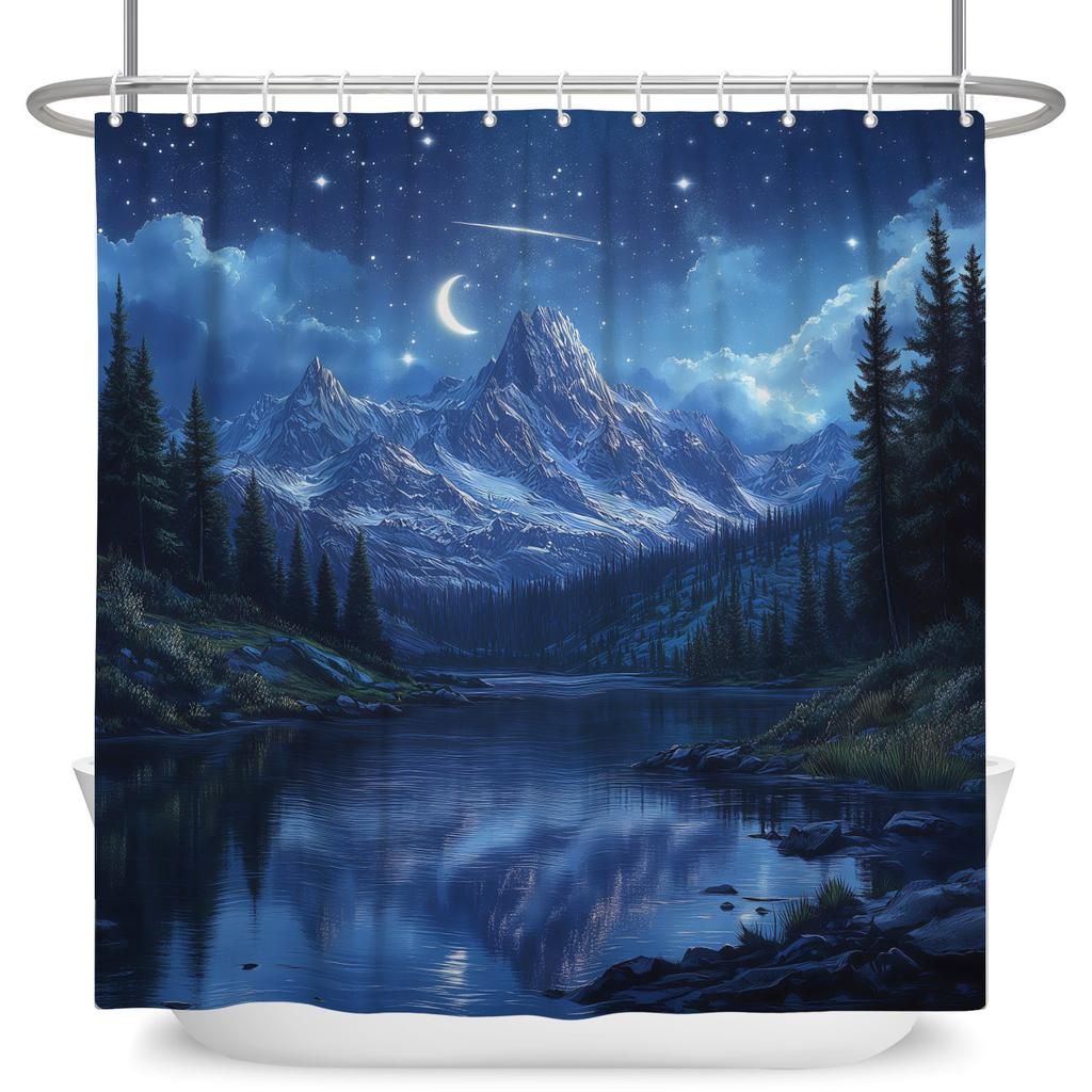 Dreamy Starry Sky Theme Modern Bathroom Curtain Aurora Planet Galaxy Moon Waterproof Polyester Shower Curtain Decor With 12 Hook
