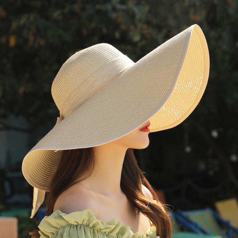 Korean Style Women's Wide Brim Straw Hat - Summer Seaside Bow Sun Protection
