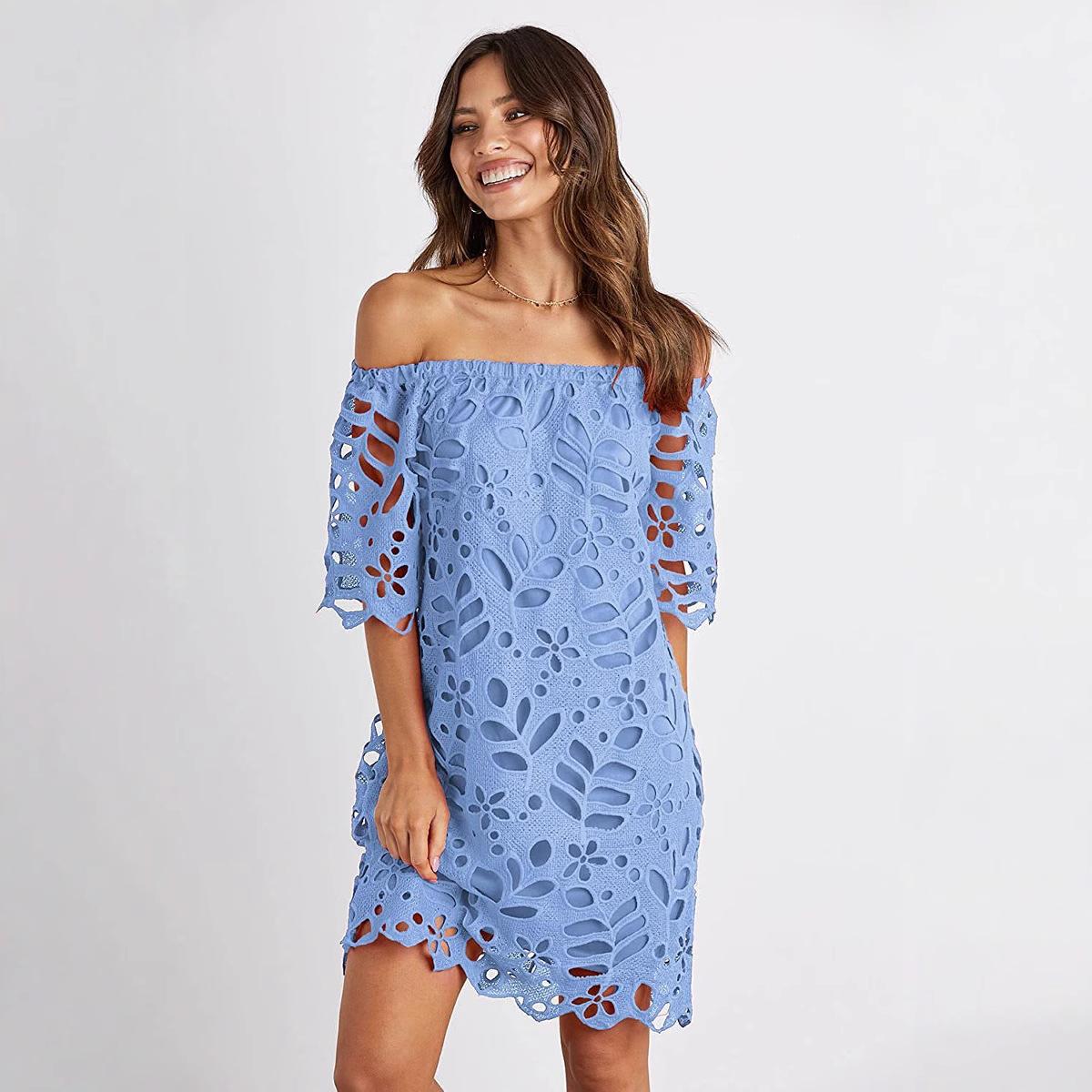 Women s Off Shoulder Floral Eyelet Lace Hollow Out Mini Dress Summer Short Sleeve Casual Beach Vacation Party Dress S синий