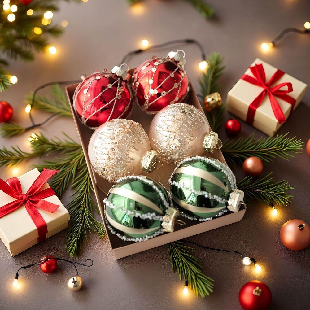 Christmas Tree Decoration Set 6 Plastic Baubles with Hanging Strings for Trees Tables and Event Display 8cm Size