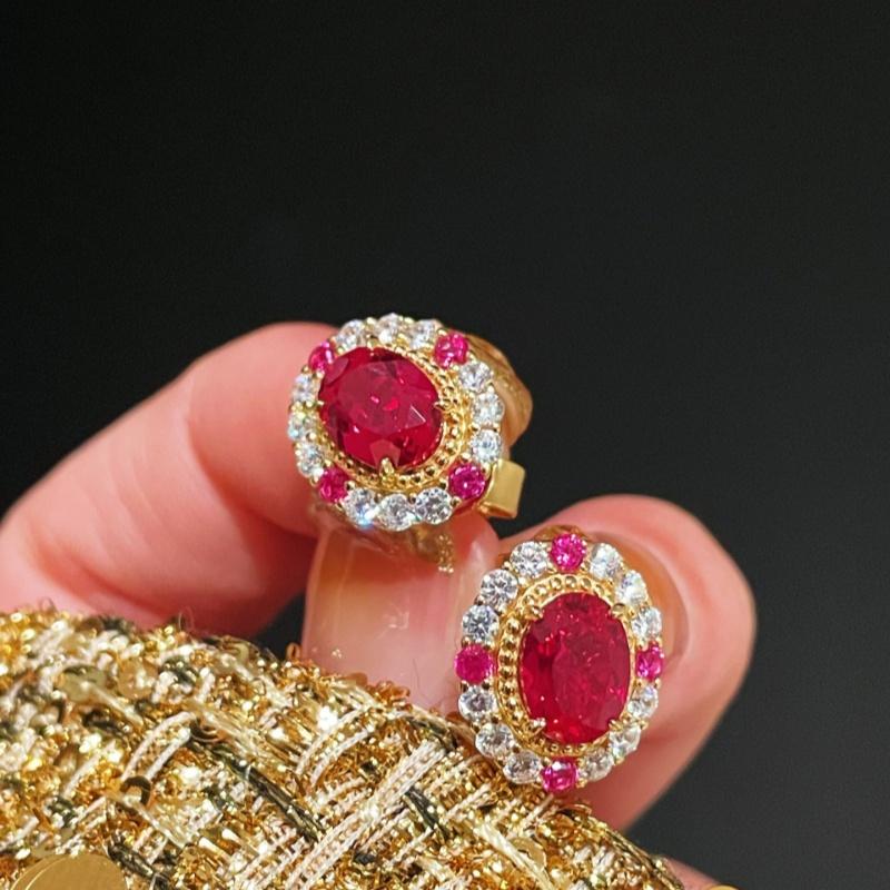 S925 Silver Plated with 18K Gold Empress Series Pigeon Egg Red Gemstone Stud Earrings