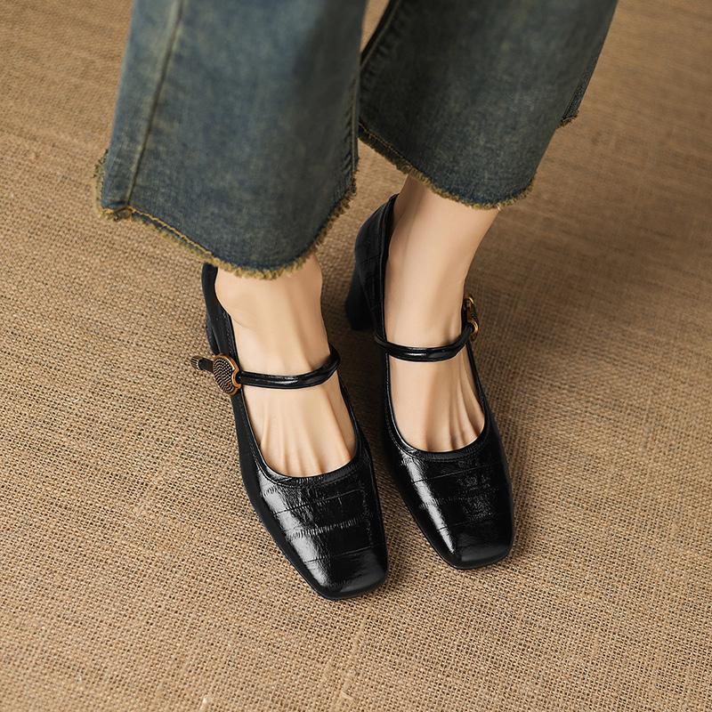 Sheepskin Simple Commuter Professional High Heels Square Head Strap Single Shoe 6.5CM
